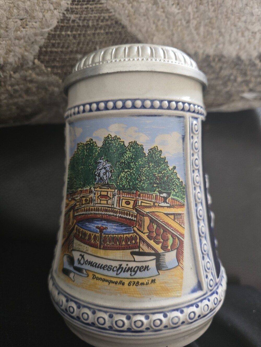 Decorative Donaueschingen Ceramic Stein in Blue and Cream